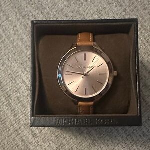 Michael Kors Tan Leather Strap Rose Gold Dial Watch